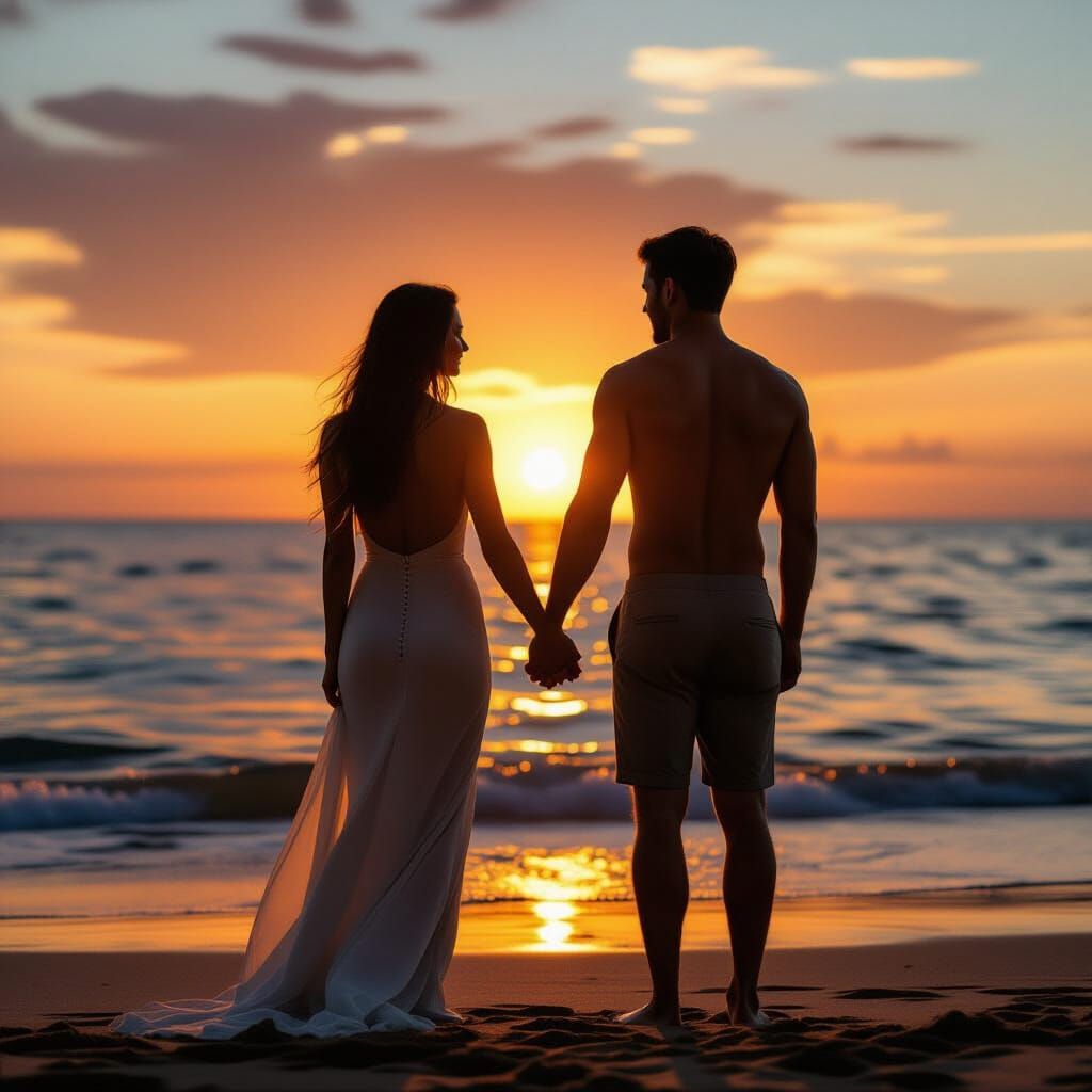 Couple Silhouettes on Beach at Vibrant Sunset