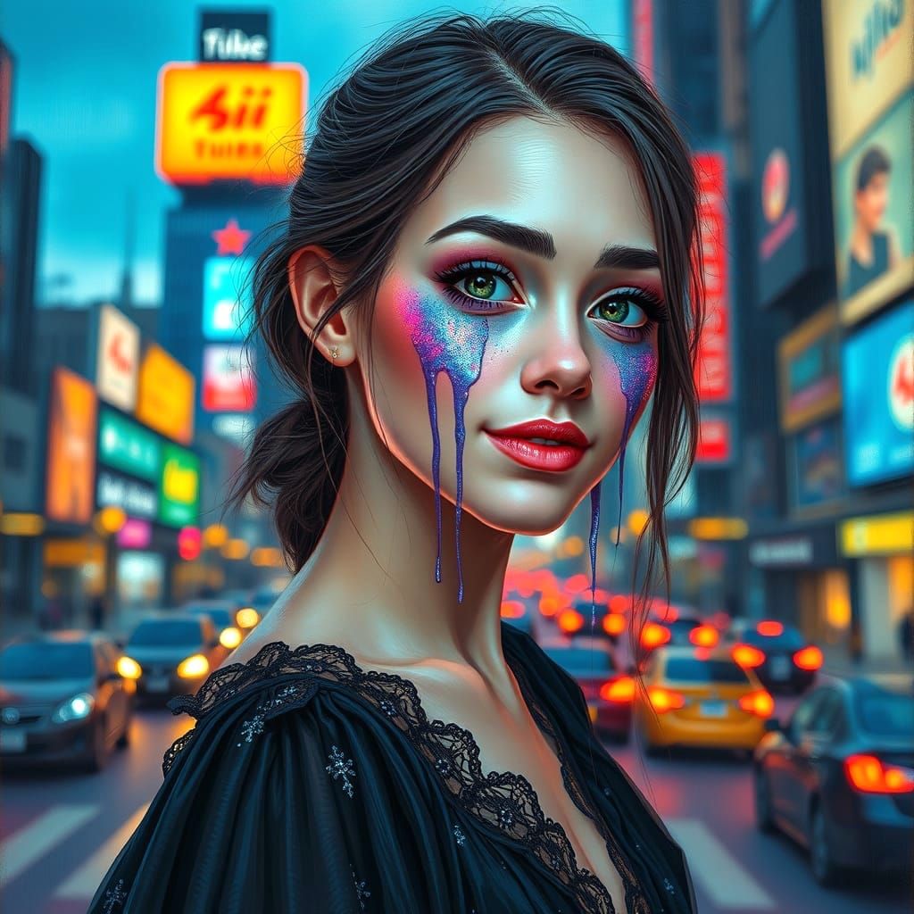 Ethereal City Woman Smiles through Glittering Tears in a Bri...