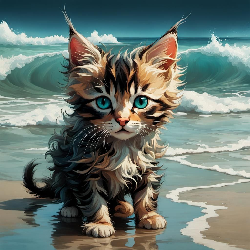 Mythical Kitten Portrait on Beach in Digital Art Style