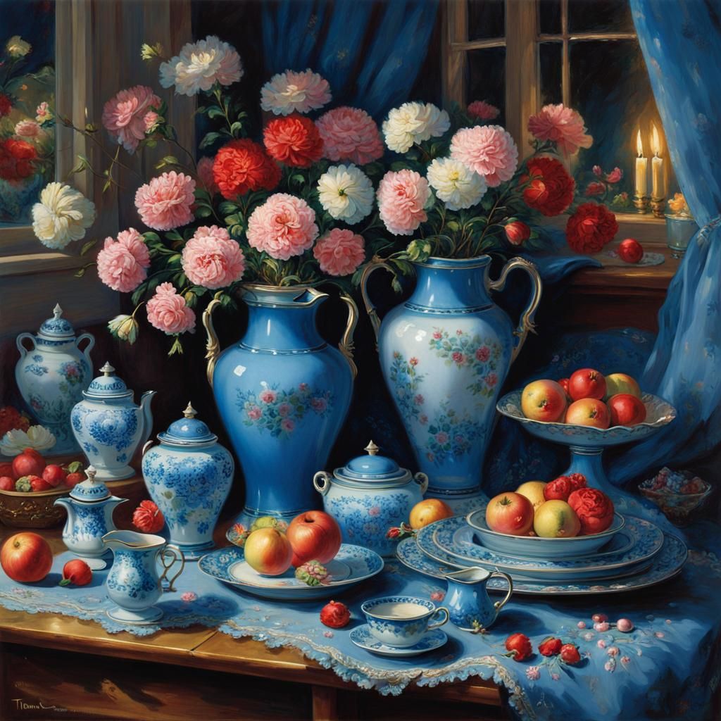 Floral Still Life with Open Window in Pre-Raphaelite Style