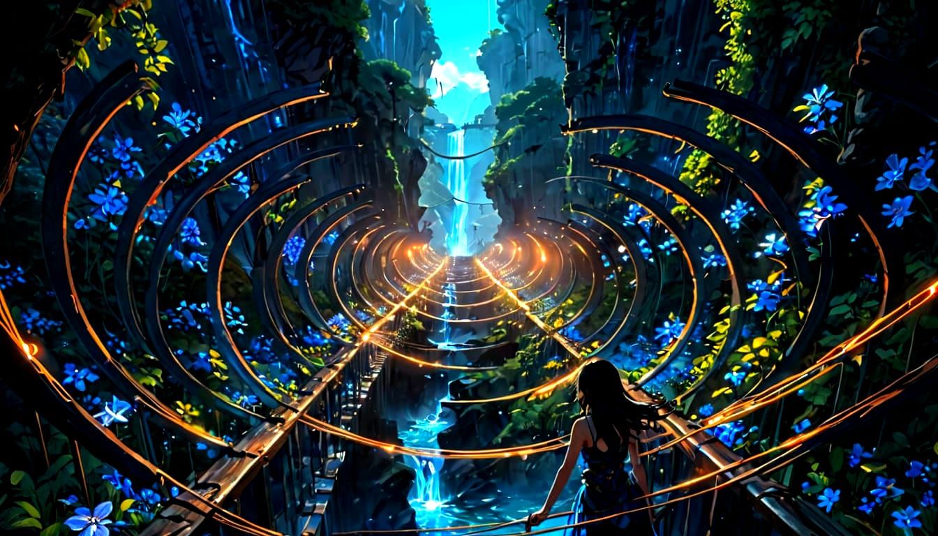 Bioluminescent Solarpunk Scene with Woman on Bridge