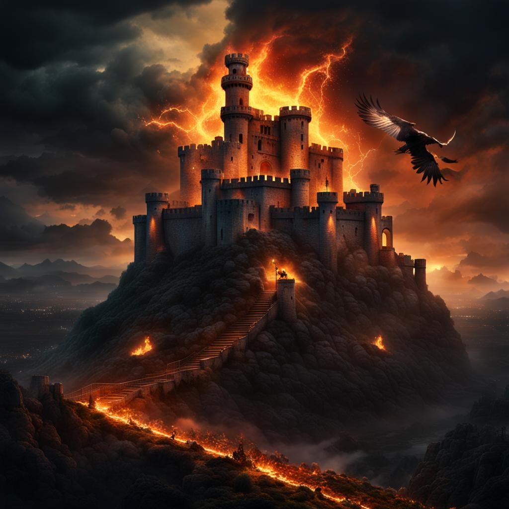 Raven Skull Flies to Castle in Fire Storm