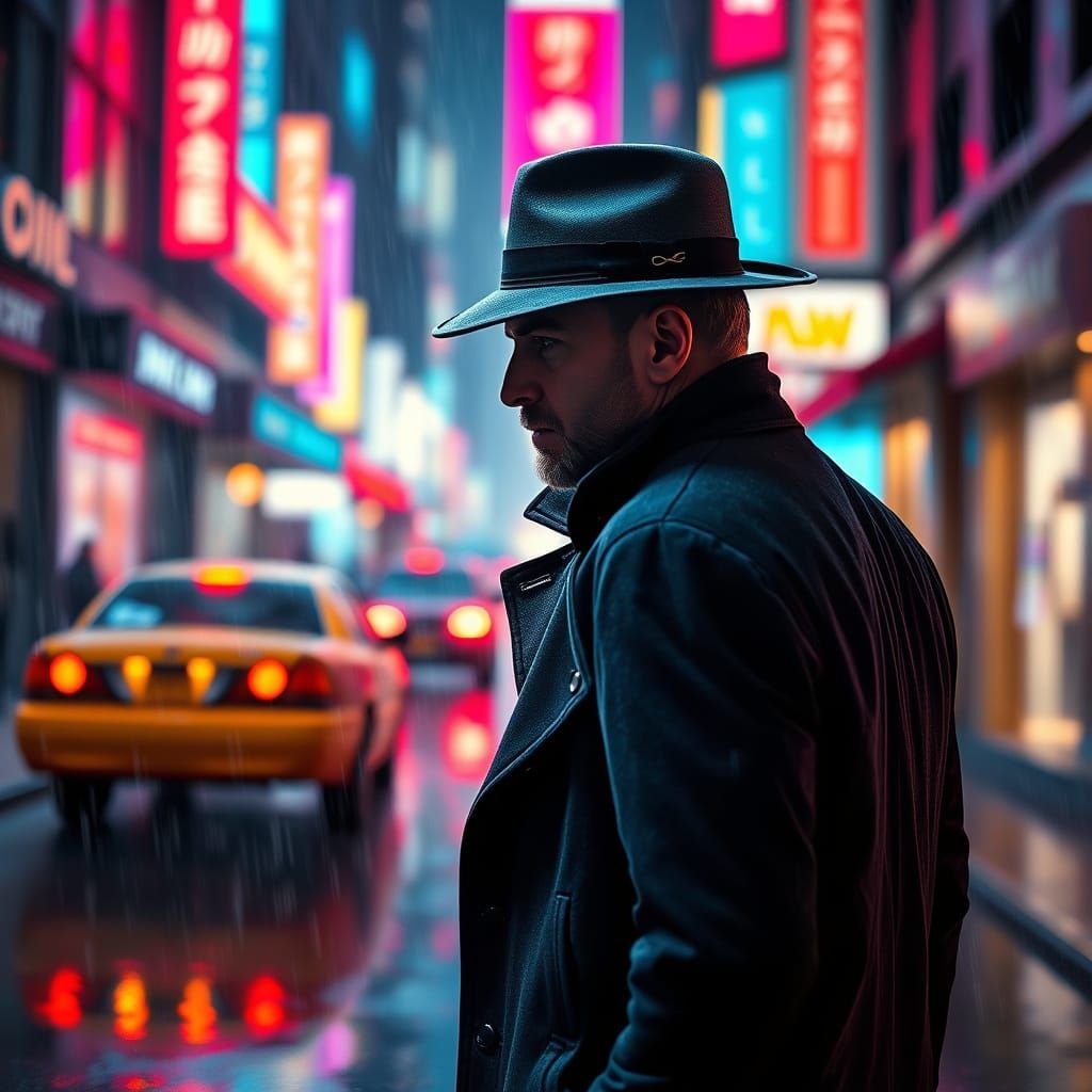 Man in Fedora Walks Rainy Downtown Street in Hyperrealistic ...