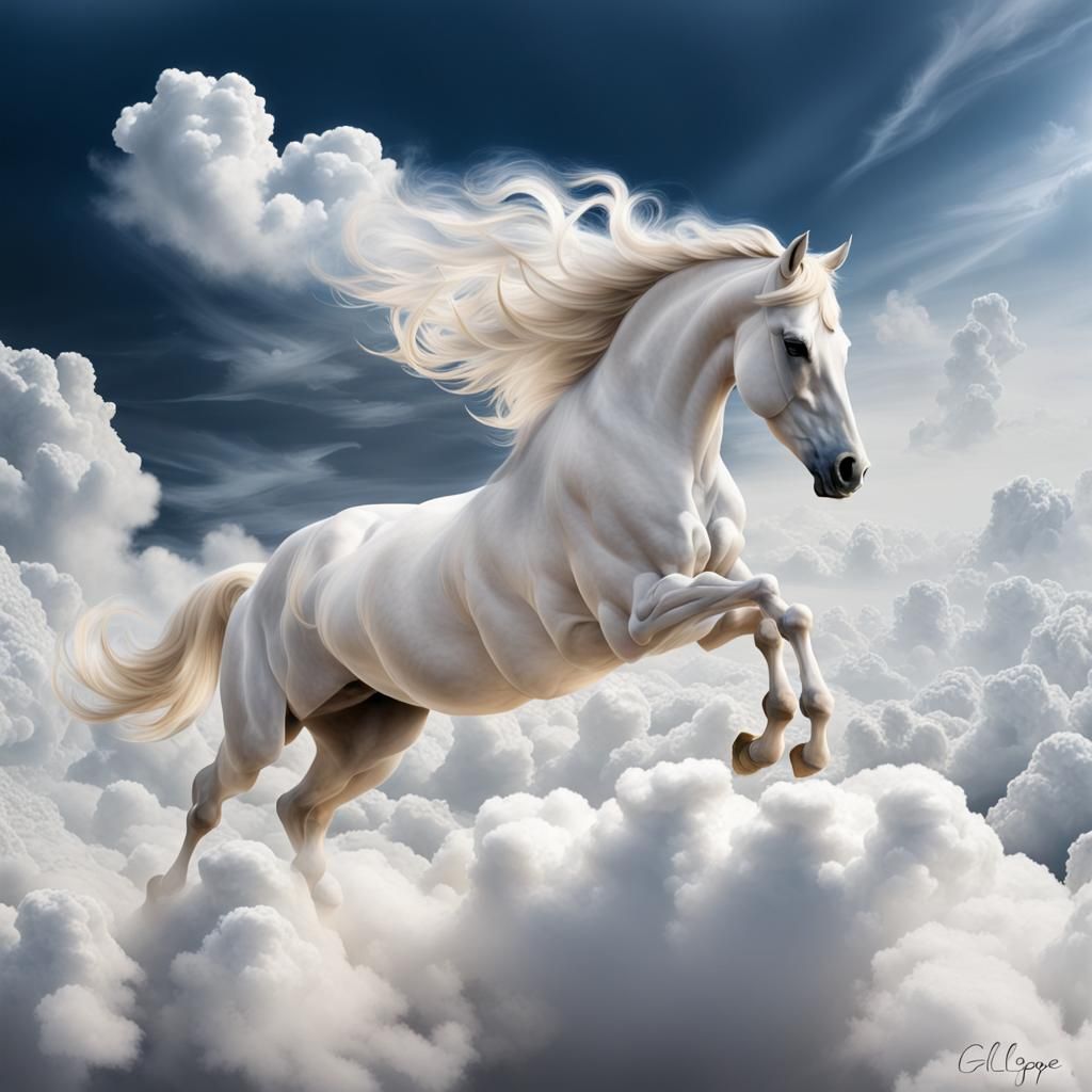 Winged White Horse Galloping in the Clouds