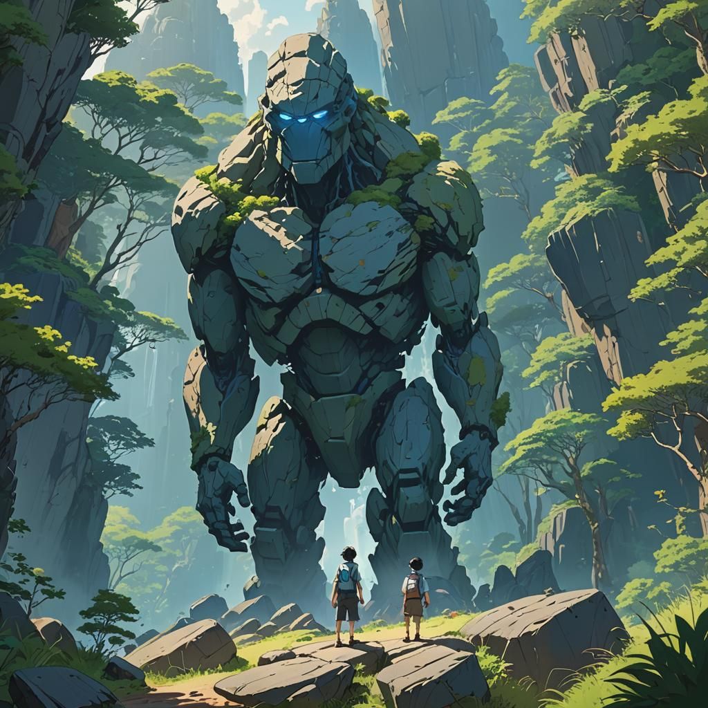 Faceless Rock Giant in Anime-Inspired Landscape