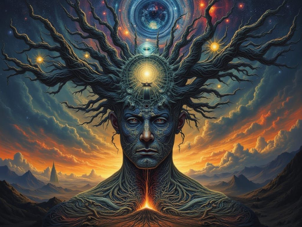 Cosmic Tree Nebula with Fractal Man and Eldritch Figure