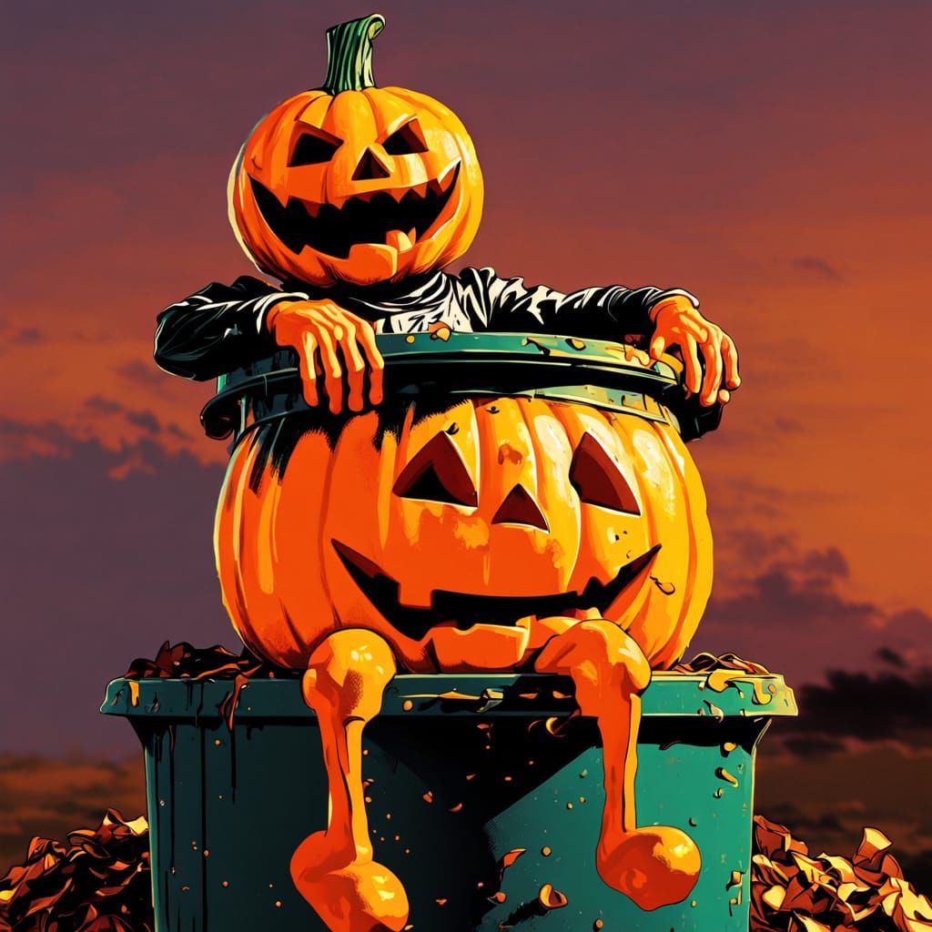 Pop Art Pumpkin Man on Trash Can
