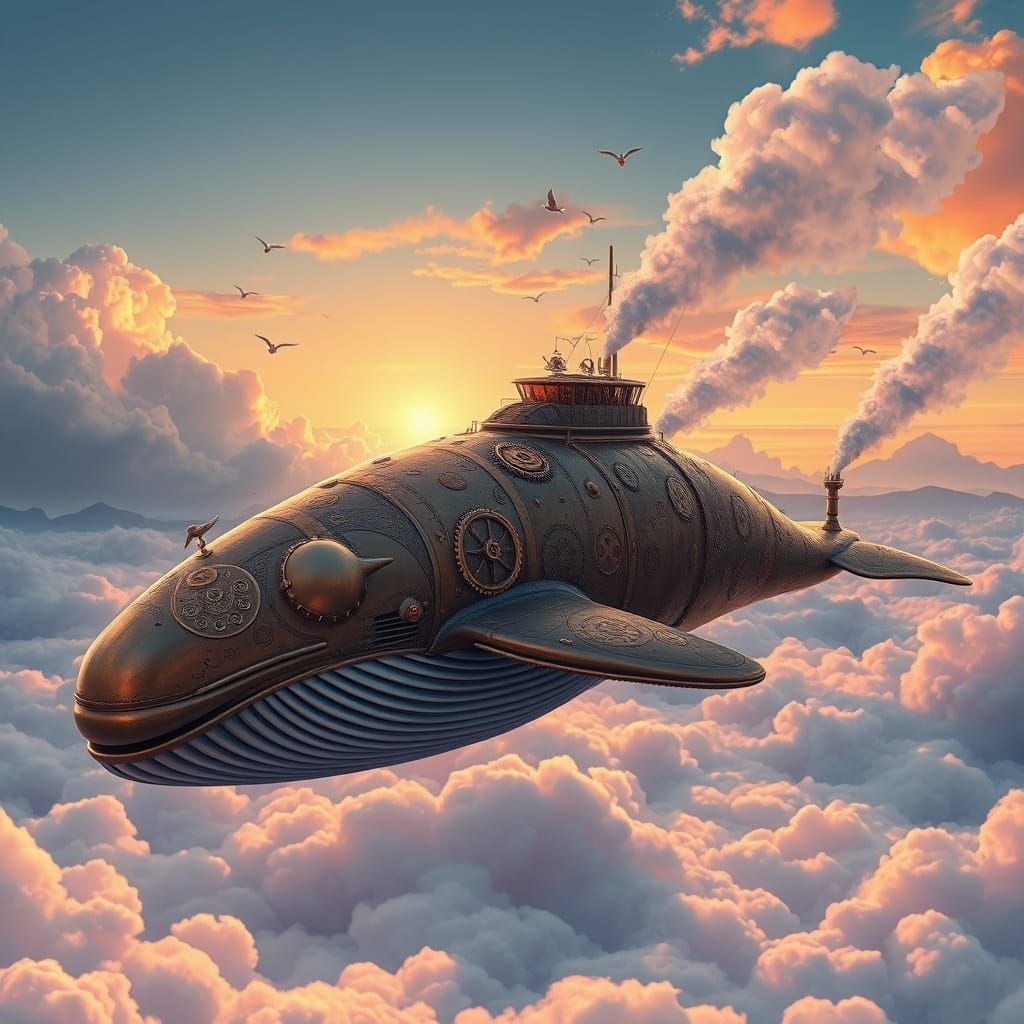 Clockwork Whale Soaring Through Sunset Sky