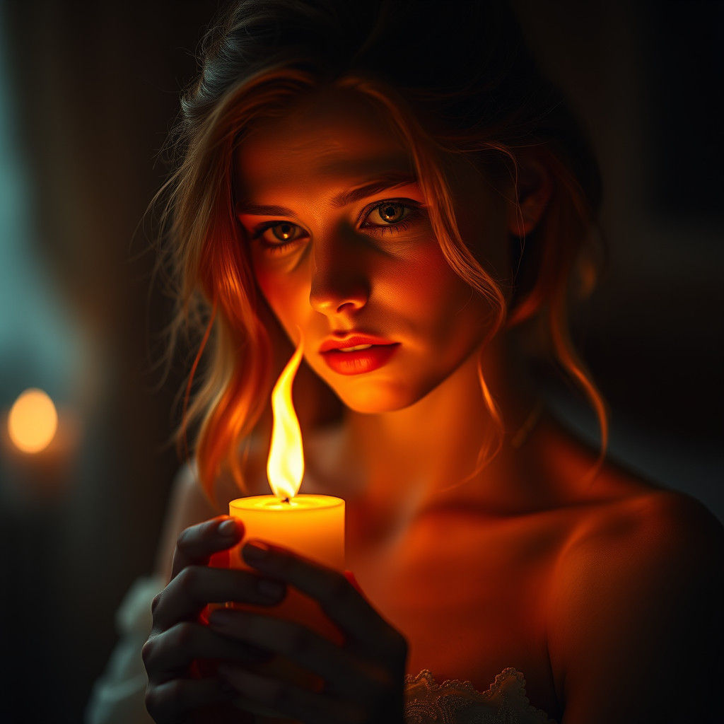 Ethereal Woman with Fiery Hair in Candlelight