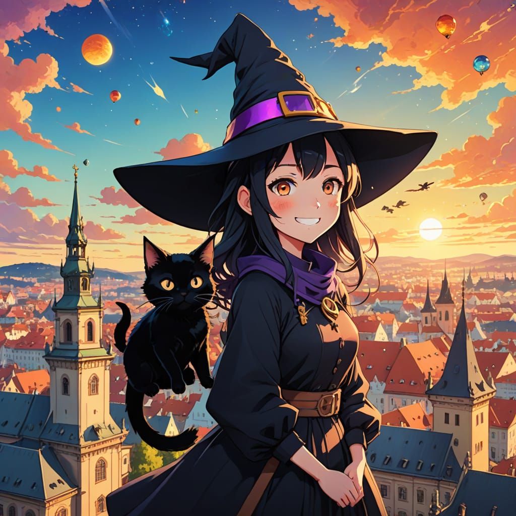 Anime Witch Flying a Drone Over Prague Castle