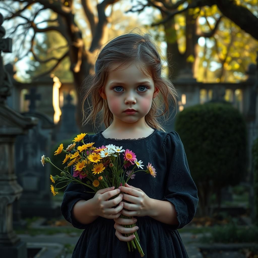 Girl with Flowers in Cemetery: Hyperrealistic Oil Painting