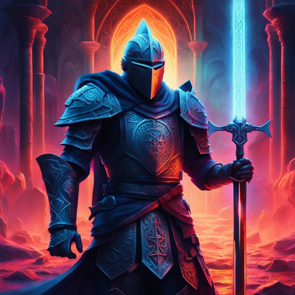 Knight and Mage in a Neon-Lit Fantasy Scene