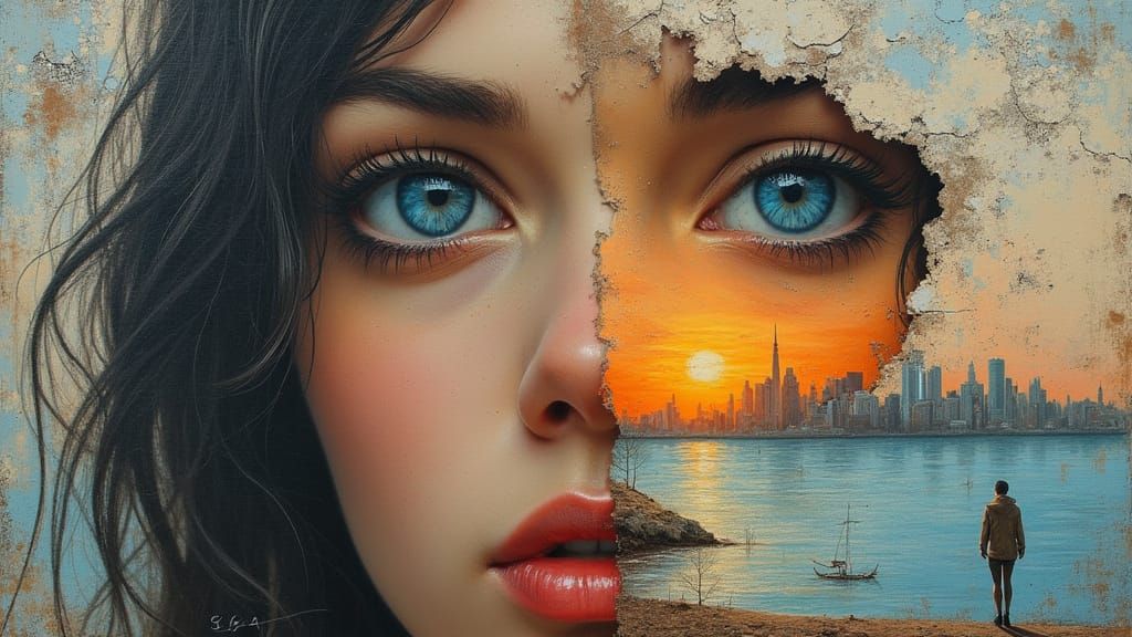 Surreal Portrait of a Woman Emerging from a Weathered Citysc...