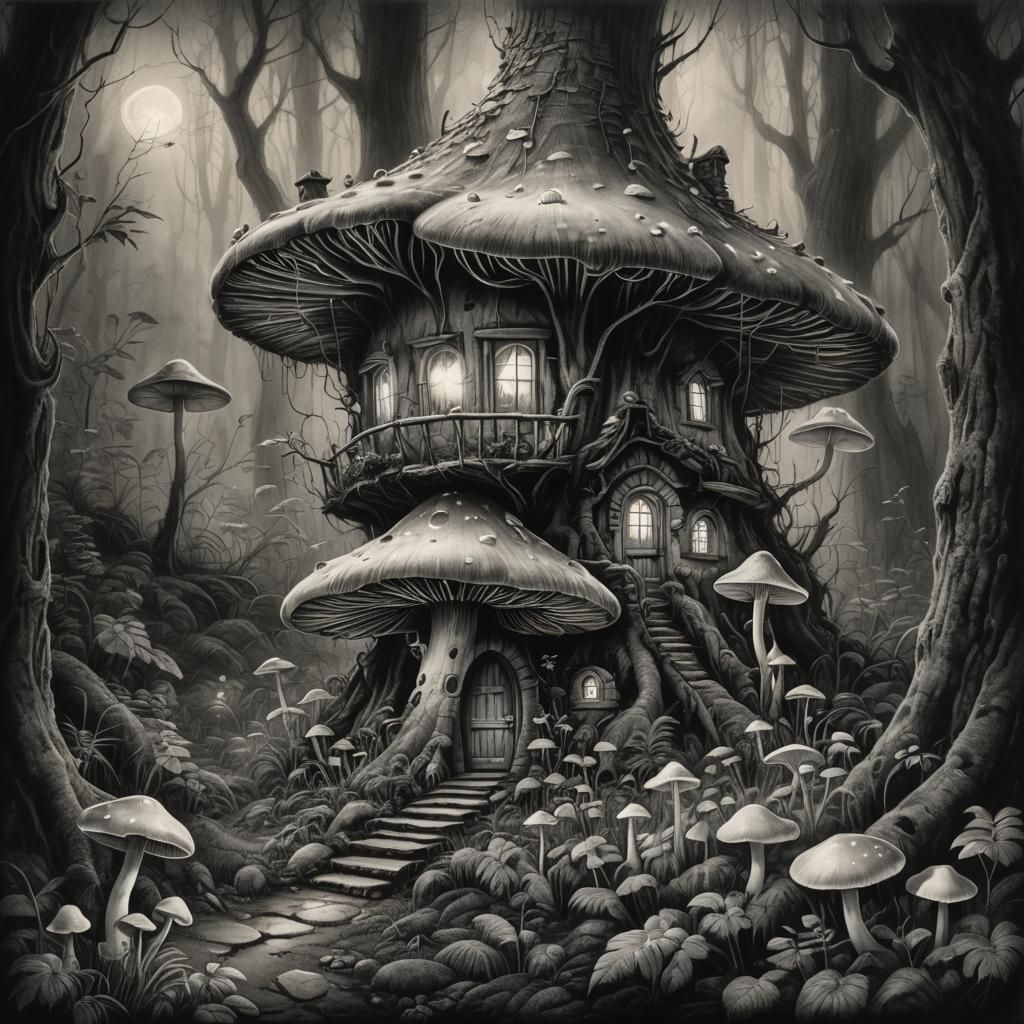 Fairy Mushroom House in Bioluminescent Forest