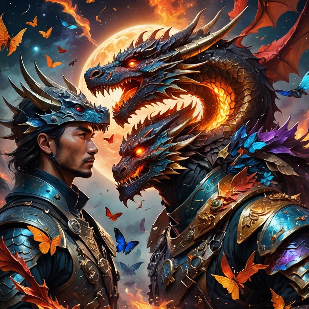 Dragon and AI Soldier Battle on Luminous Moon