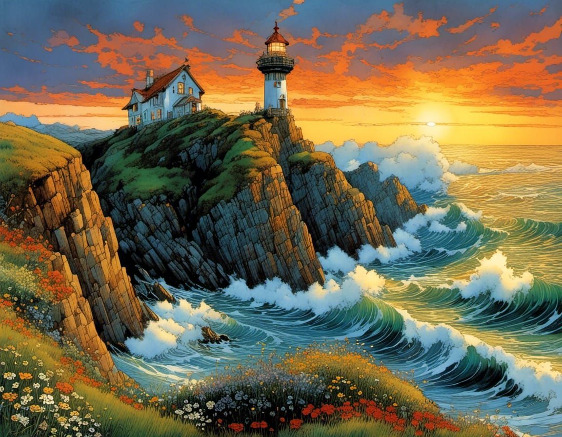 Lighthouse on Flowering Cliff at Sunset, Hundertwasser Style