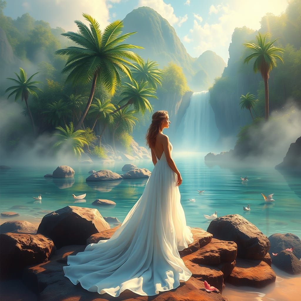 Paradisiacal Island Scene in Whimsical, Dreamy Style