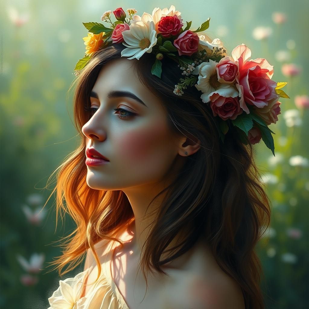 Mystical Woman with Floral Wreath, Surrealist Painting