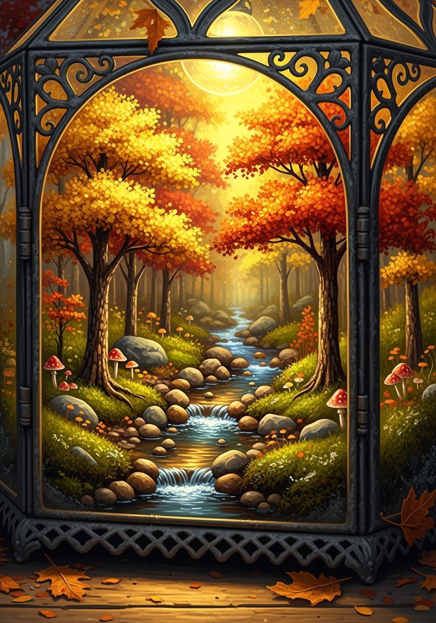Enchanted Autumn Forest Inside Glass Lantern