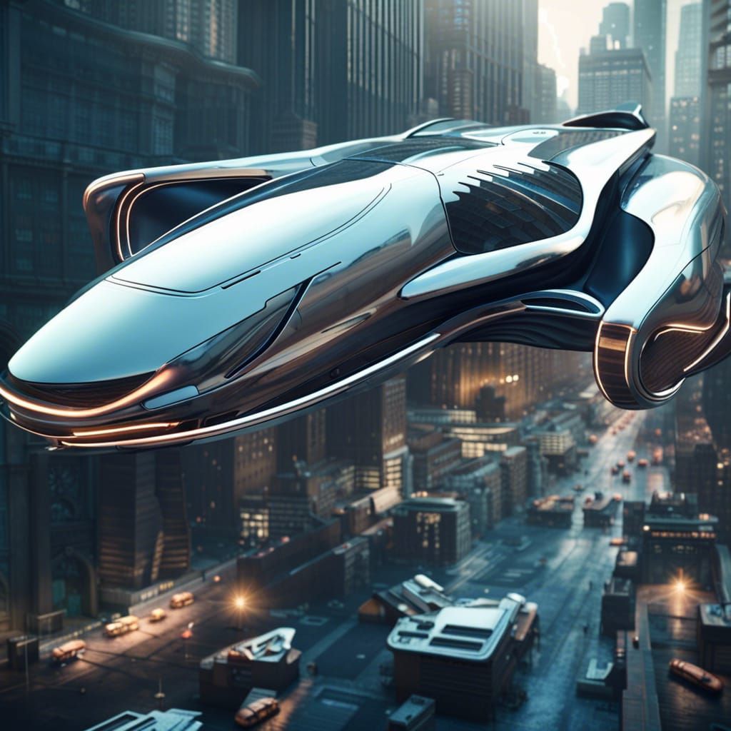 Futuristic Flying Car in Dystopian City
