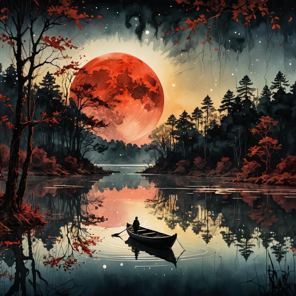 Giant Red Moon Reflected on Lake: Watercolor Illustration