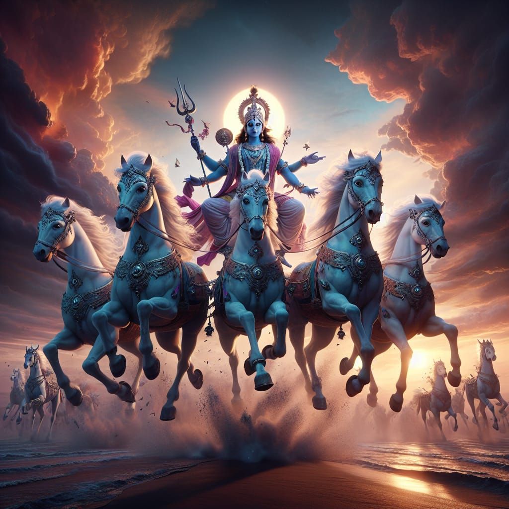 Krishna's Sunset Ride: A Matte Painting of Indian Mythology