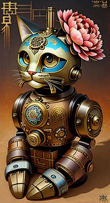 Steampunk Robot Maneki Neko with Peonies