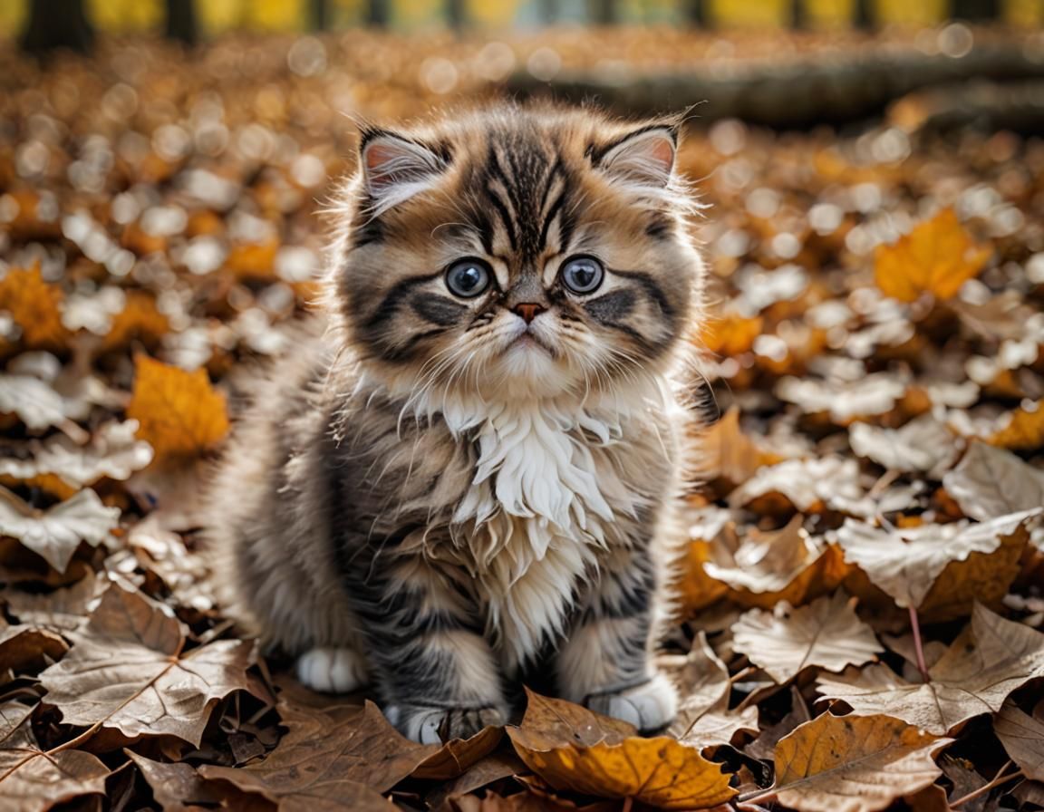 Cute Persian Kitten in Autumn Leaves
