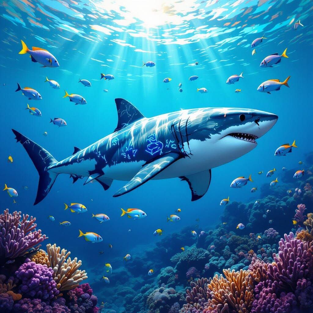 Great White Shark with Bioluminescent Tattoos