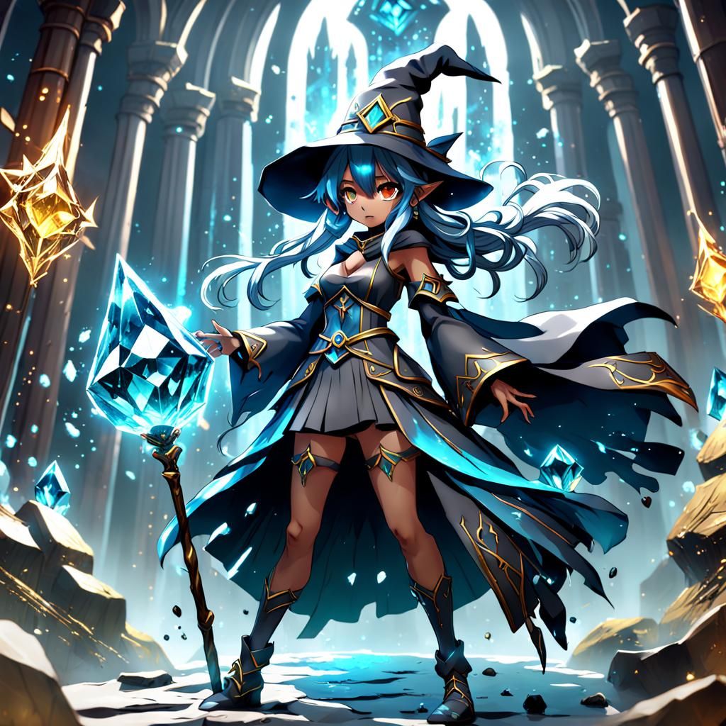 Anime Black Crystal Wizard Girl in Detailed Painting