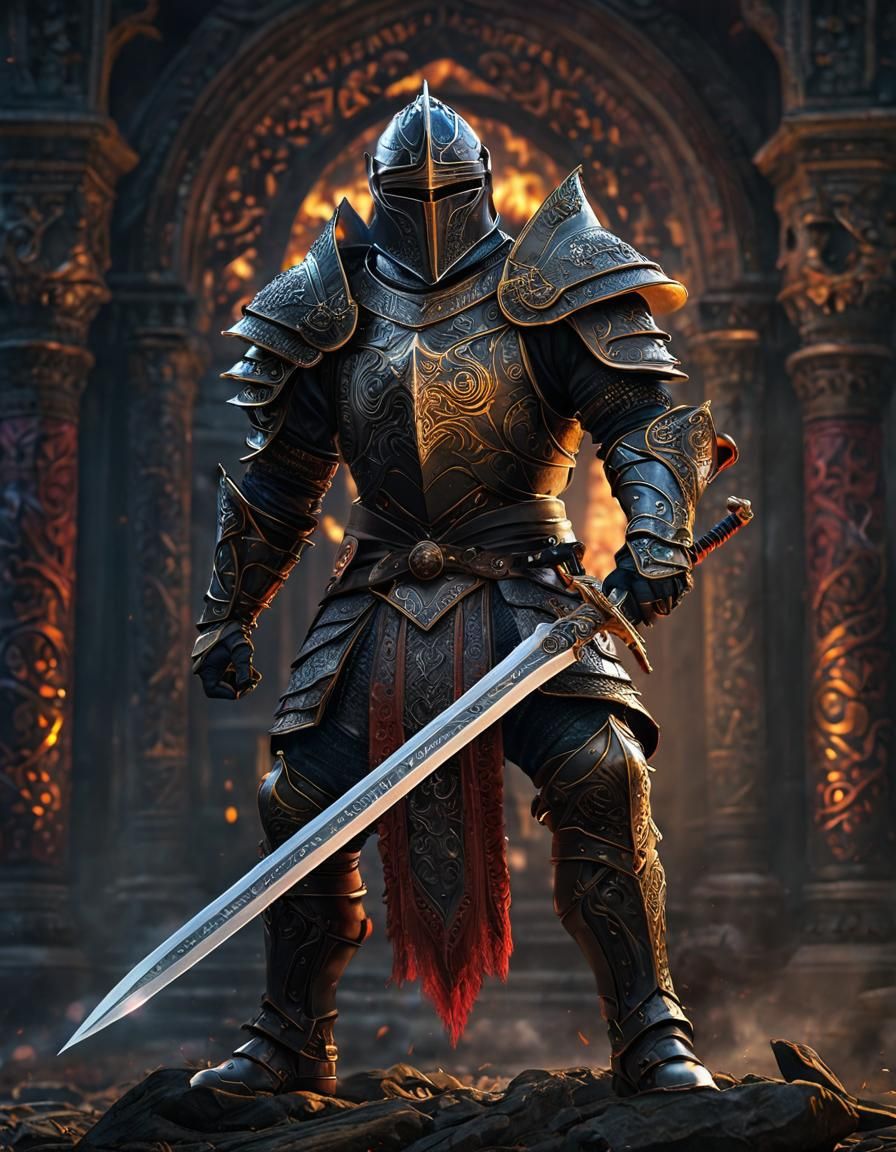 Fearsome Knight with Sword Raised in Air