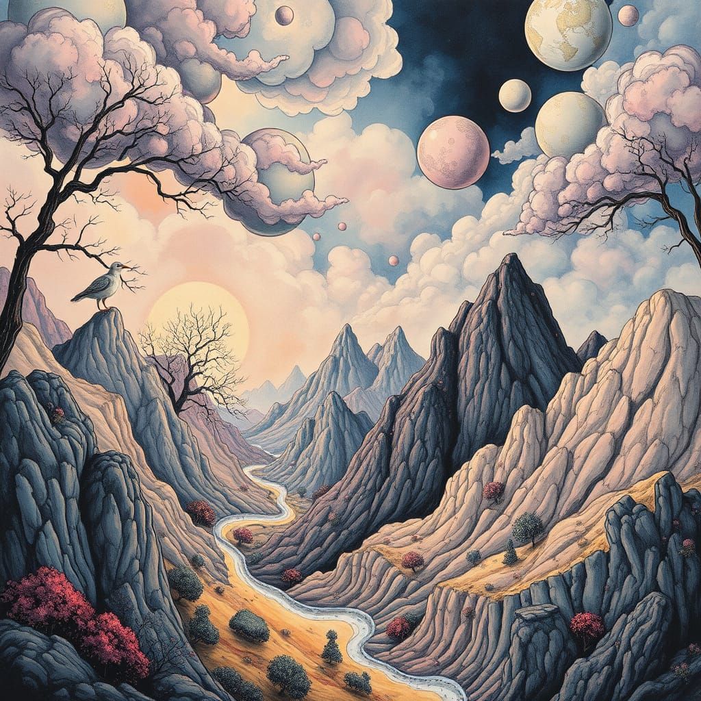 Surreal Mountain Landscape in Impasto Style