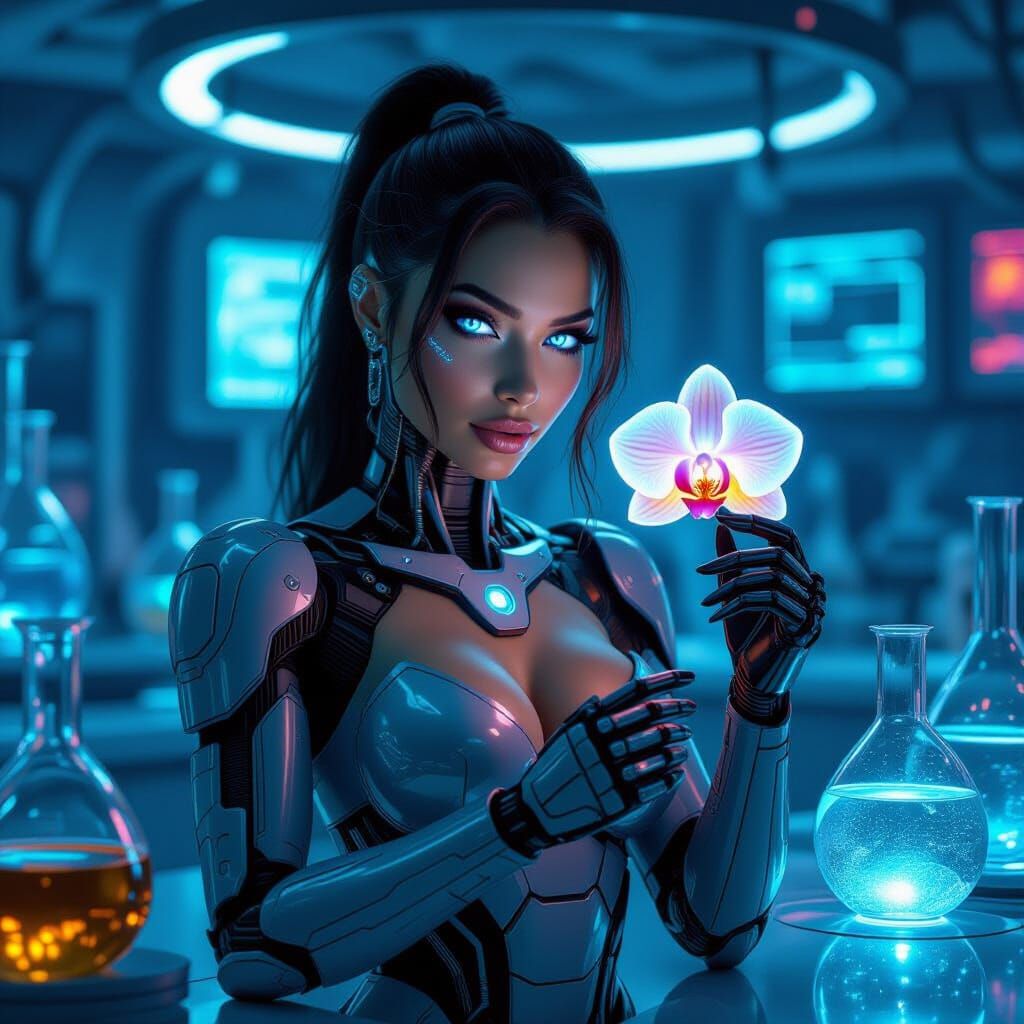 Cyborg Woman in Futuristic Lab, Digital Art Style