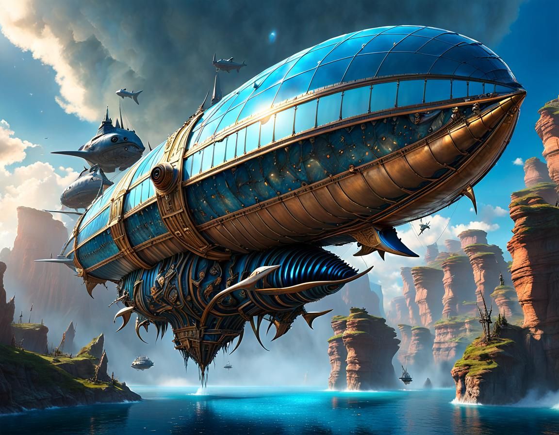 Aetherpunk Airship Radiating Magic Above Fairie Canyon