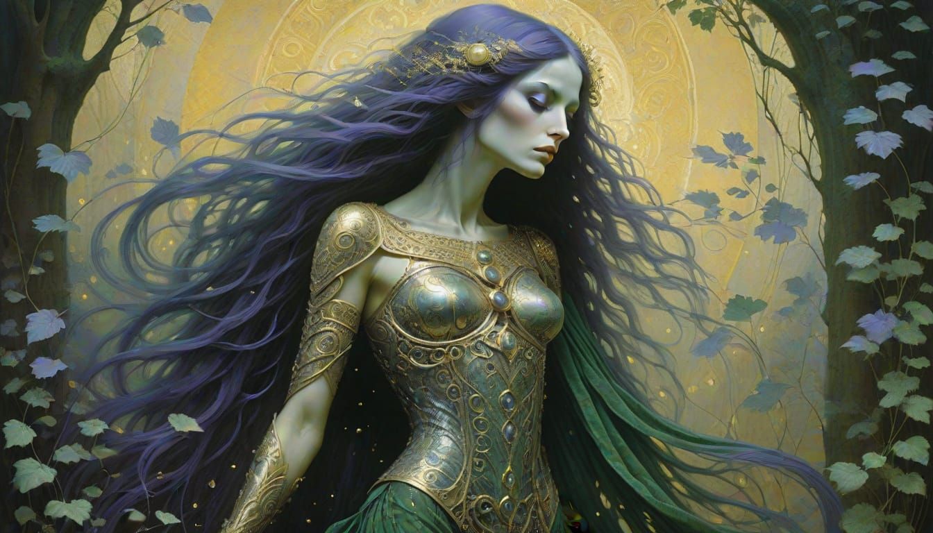 Ethereal Dark Elf Maiden in Klimt-Inspired Armor