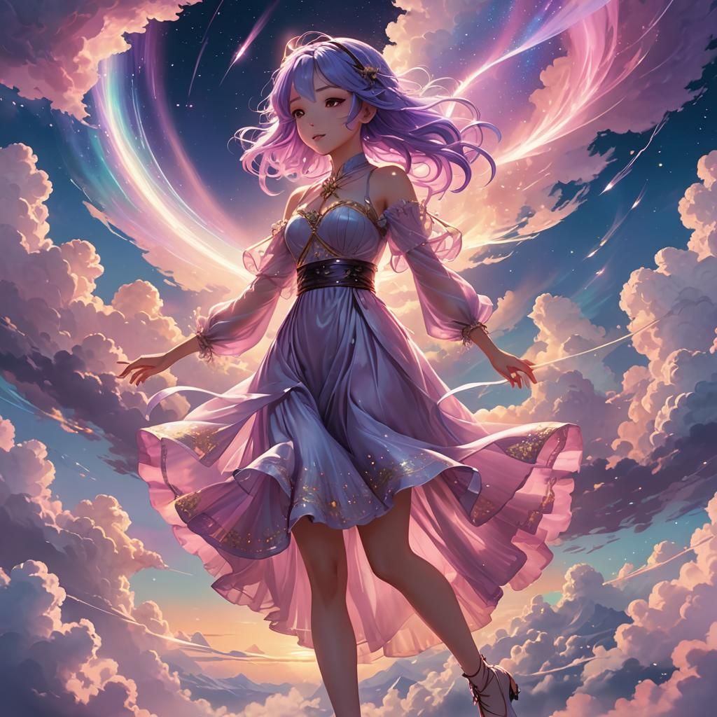 Anime Girl Dancing on Clouds with Aurora Glow