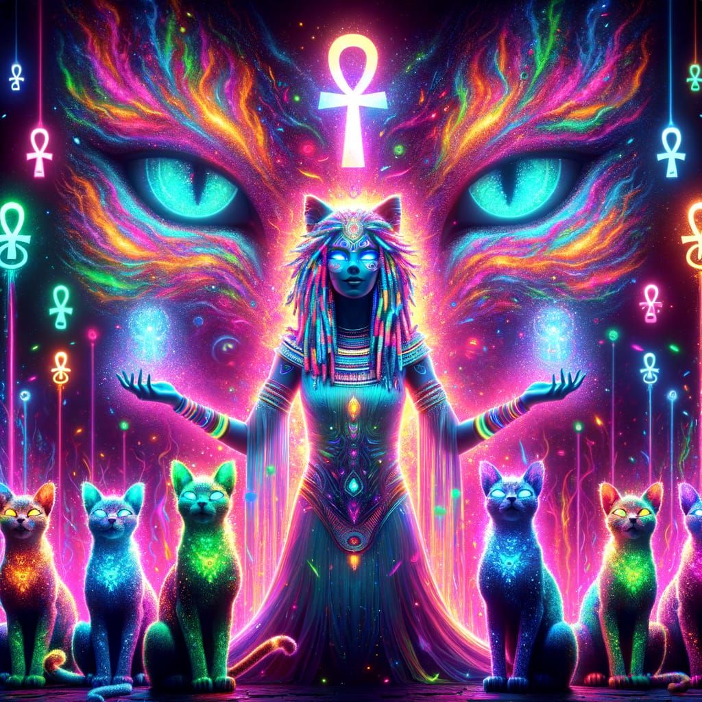 Ethereal Goddess of Bastet Surrounded by Celestial Felines i...