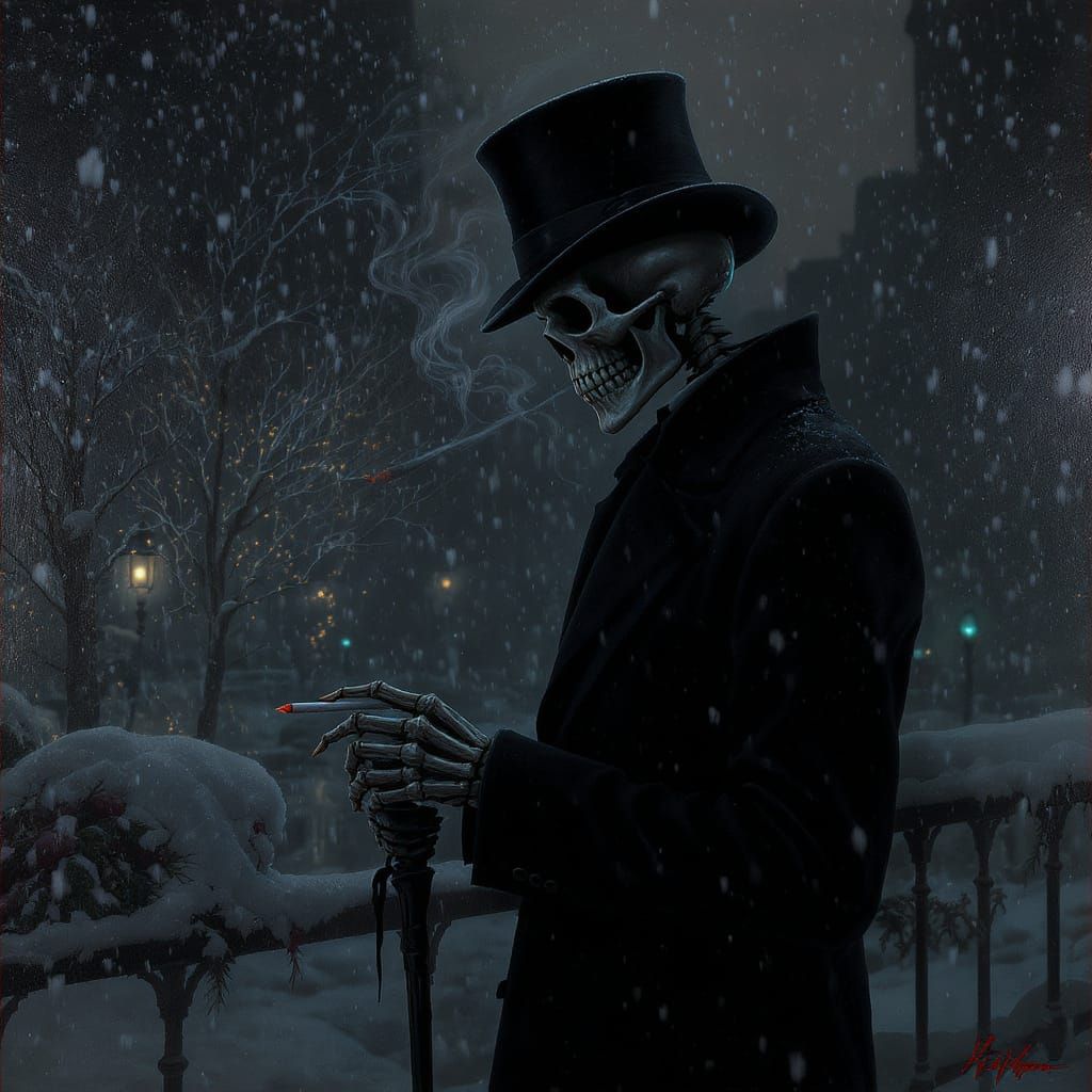 Elegant Skeleton in Suit on Christmas Eve