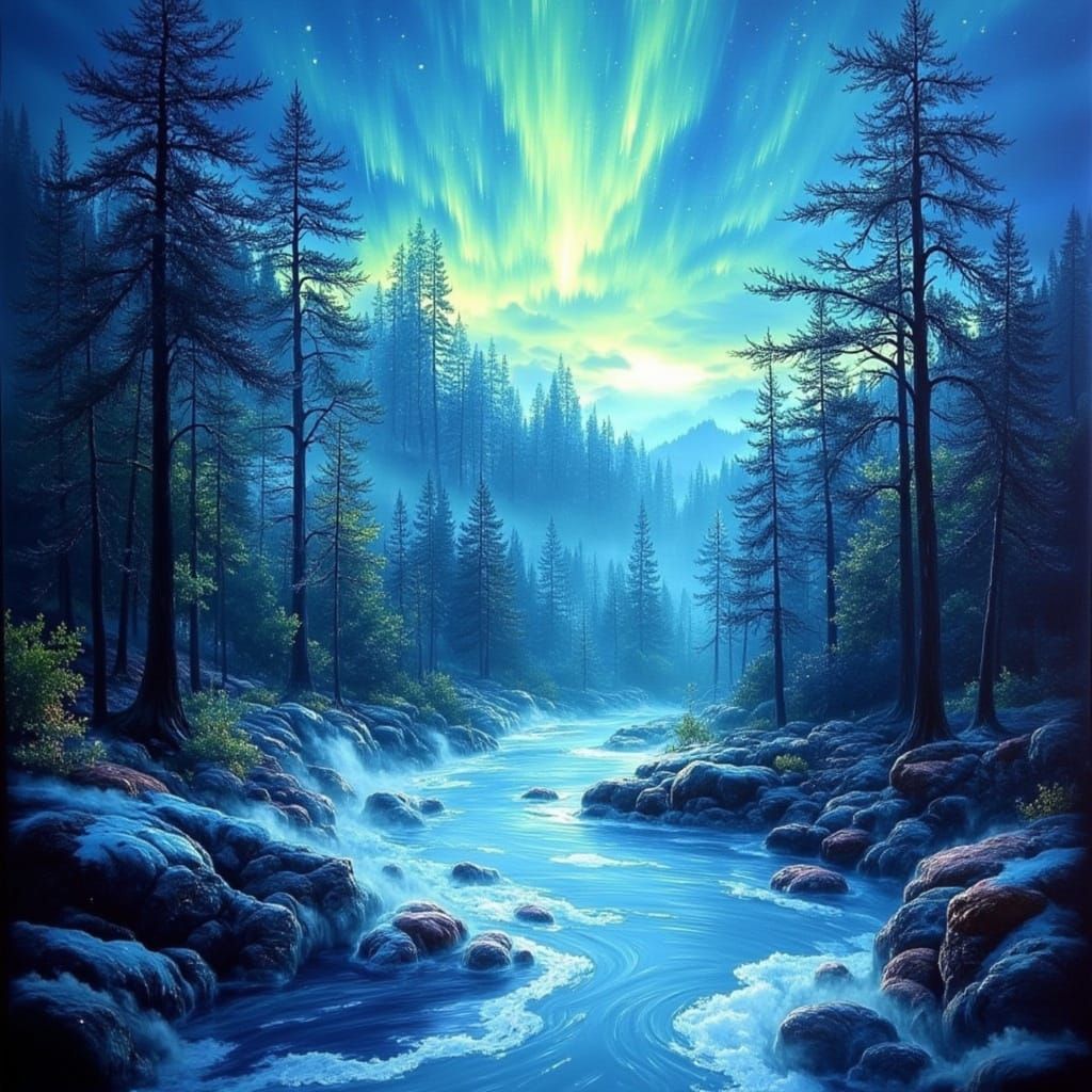 Aurora Borealis Over Forest in Oil Painting Style