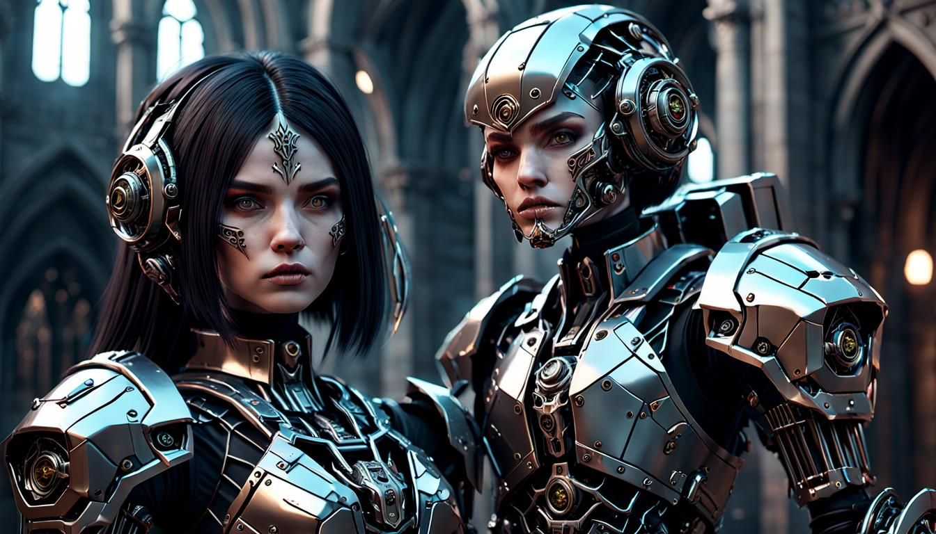 Gothic Mech Warrior in Sci-Fi Cinematic Scene