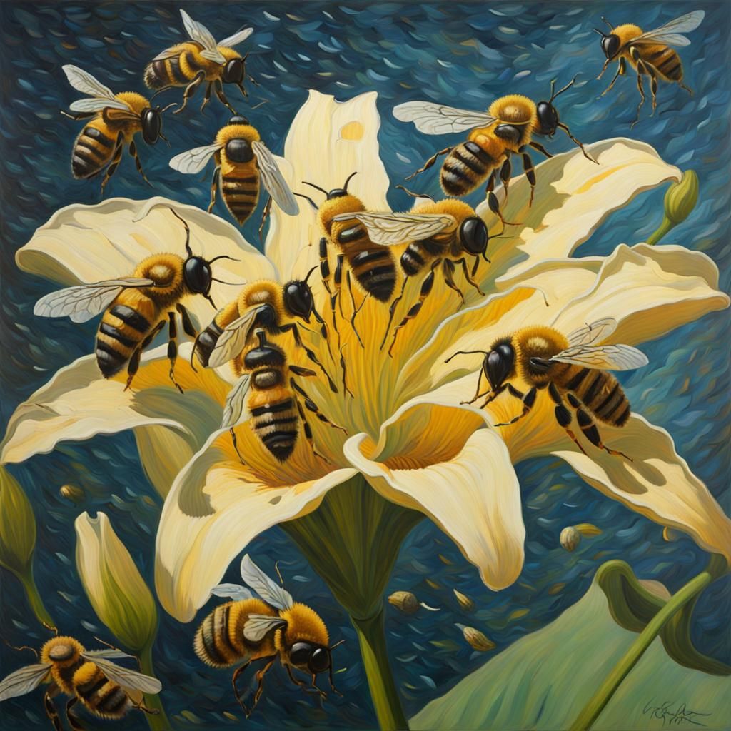 Bees on Lily Flower: Impressionistic Oil Painting