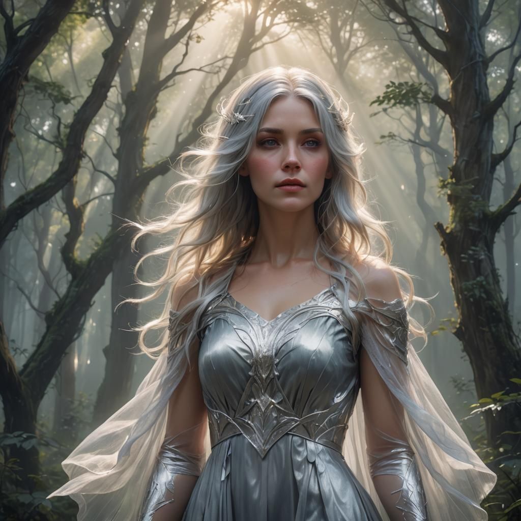 Silver Haired Woman in Misty Forest Portrait