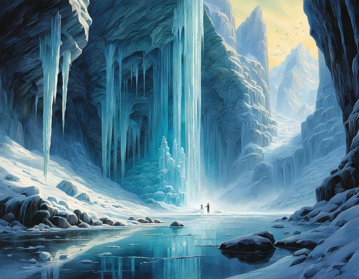 Crystalline Woman at Frozen Waterfall in Dreamlike Style