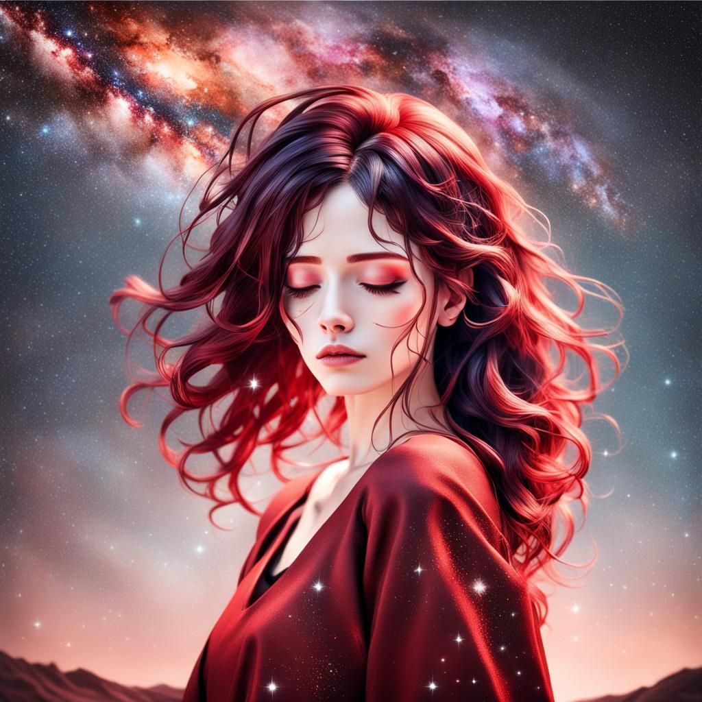 Sad Woman with Galaxy Hair Mourns Loss