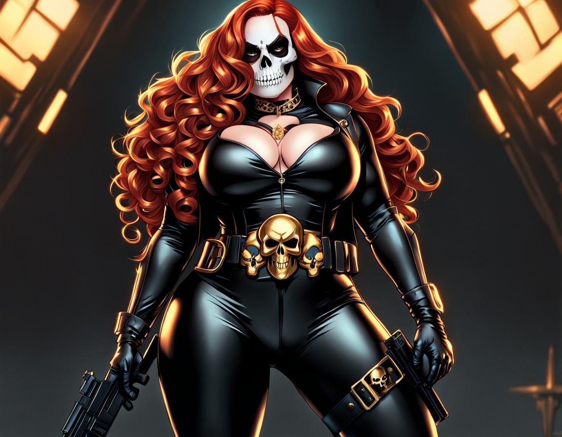 Villainous Comic Heroine in Black and Gold Catsuit