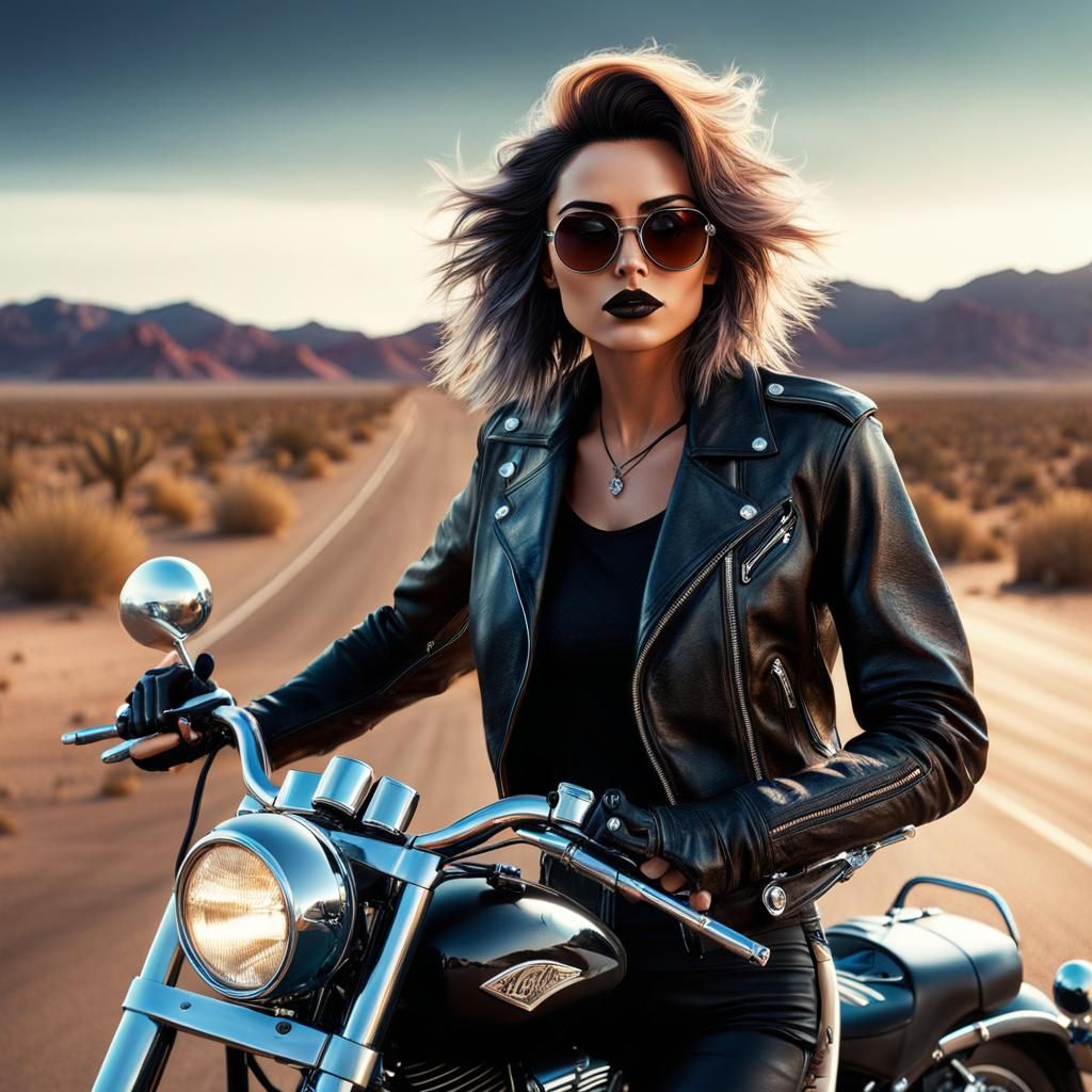 Goth Motorcycle Girl in Desert Roadside Photo