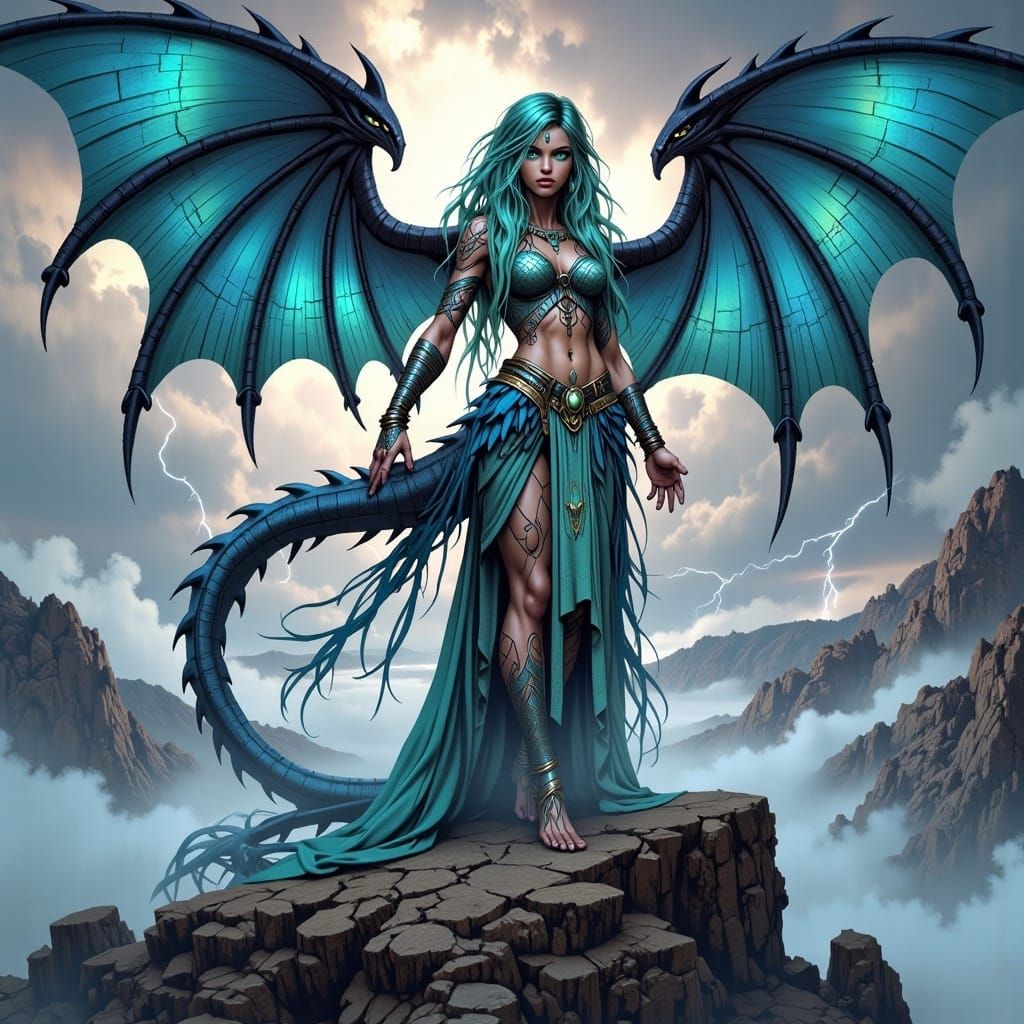 Dragon Warrior Queen on Misty Peak in Fantasy Art