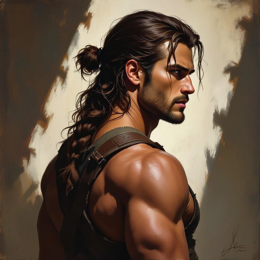Man With Ponytail, Rear View, Digital Painting