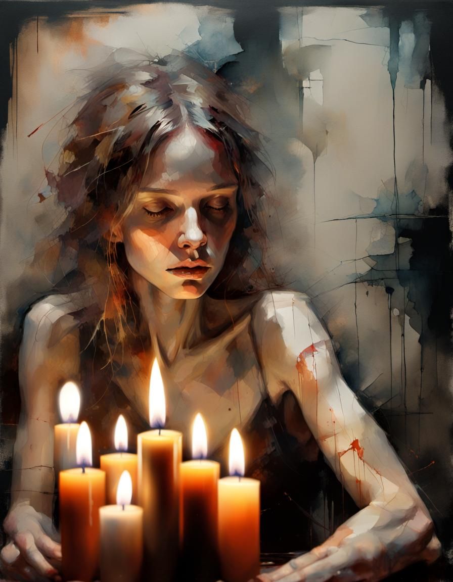 Candlelit Reader in Dark Room: Alcohol Ink Art