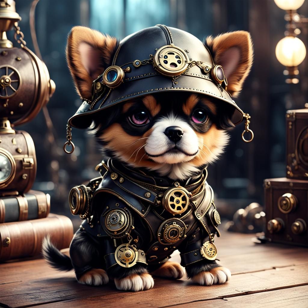 Steampunk Kawaii Puppy in Fantasy Style